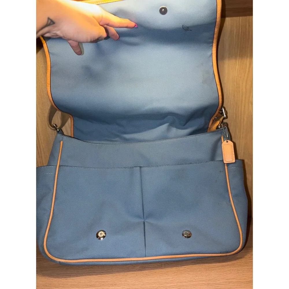 Coach Leatherware Est 1941 Blue Canvas Messenger Crossbody Bag Tan Trim